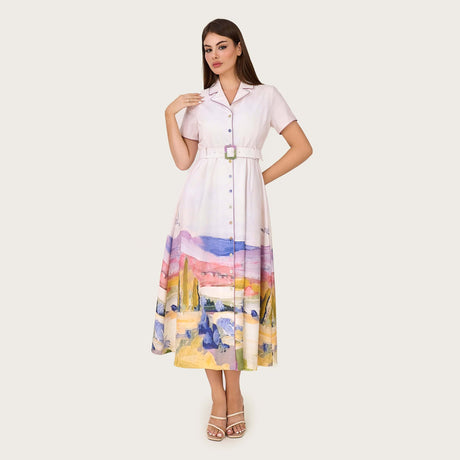 Luxury Linen A-Line Shirt Dress with Contrast Piping & Artistic Print - Noētic