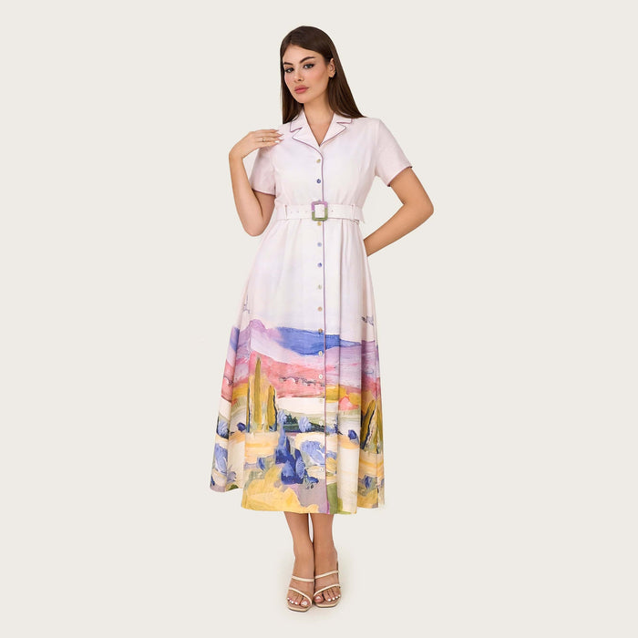 Luxury Linen A-Line Shirt Dress with Contrast Piping & Artistic Print