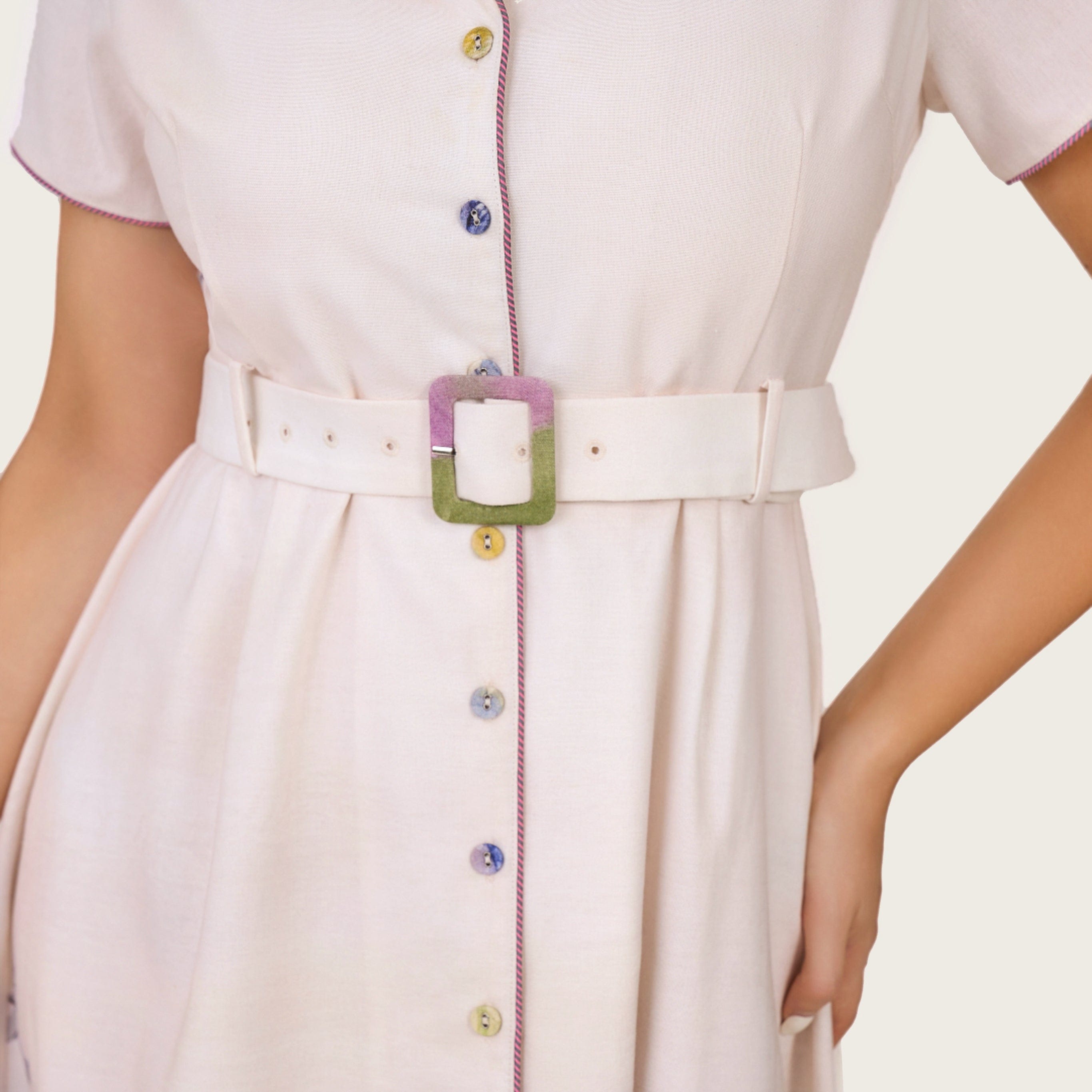 Luxury Linen A-Line Shirt Dress with Contrast Piping & Artistic Print S