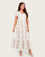 Luxury Linen Maxi Dress with Floral Print & Fringe Detail - Noētic