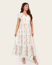 Luxury Linen Maxi Dress with Floral Print & Fringe Detail - Noētic