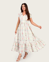 Luxury Linen Maxi Dress with Floral Print & Fringe Detail - Noētic