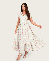 Luxury Linen Maxi Dress with Floral Print & Fringe Detail - Noētic