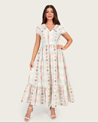 Luxury Linen Maxi Dress with Floral Print & Fringe Detail - Noētic