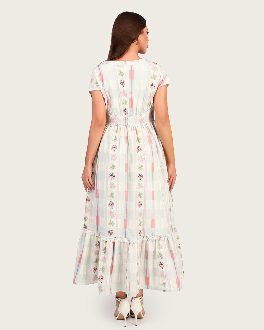 Luxury Linen Maxi Dress with Floral Print & Fringe Detail - Noētic