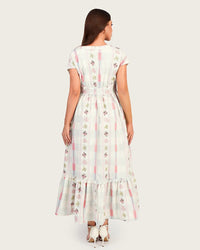 Luxury Linen Maxi Dress with Floral Print & Fringe Detail - Noētic