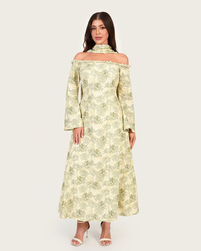 Luxury Linen Palm Print Maxi Dress with Scarf & Flared Sleeves - Noētic