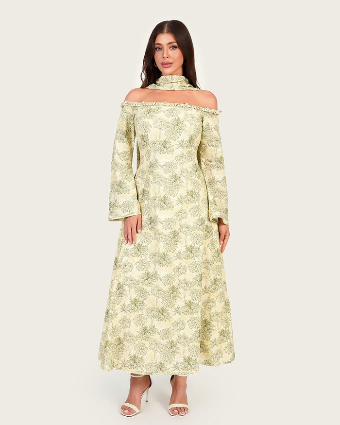 Luxury Linen Palm Print Maxi Dress with Scarf & Flared Sleeves