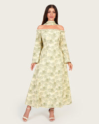 Luxury Linen Palm Print Maxi Dress with Scarf & Flared Sleeves - Noētic