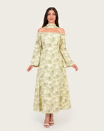Luxury Linen Palm Print Maxi Dress with Scarf & Flared Sleeves - Noētic
