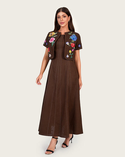Luxury Linen Two-Piece Set with Hand-Appliqué Floral Embroidery - Noētic