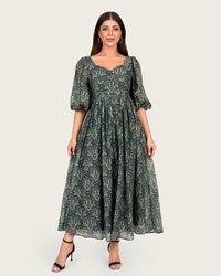 Luxury Linen Voile Floral Dress with Scalloped Sweetheart Neckline - Noētic