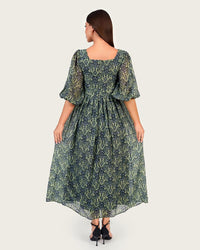 Luxury Linen Voile Floral Dress with Scalloped Sweetheart Neckline - Noētic