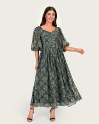 Luxury Linen Voile Floral Dress with Scalloped Sweetheart Neckline - Noētic