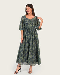Luxury Linen Voile Floral Dress with Scalloped Sweetheart Neckline - Noētic