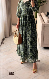 Luxury Linen Voile Floral Dress with Scalloped Sweetheart Neckline - Noētic