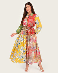 Luxury Modest Poplin Maxi Dress with Bambi & Mixed Artistic Prints - Noētic
