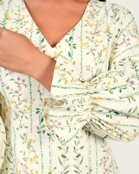 Luxury Poplin A-Line Ankle Length Dress with Floral Print & V-Neck - Noētic