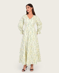Luxury Poplin A-Line Ankle Length Dress with Floral Print & V-Neck - Noētic