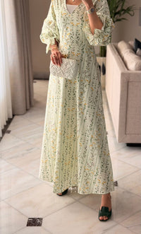 Luxury Poplin A-Line Ankle Length Dress with Floral Print & V-Neck - Noētic