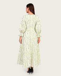 Luxury Poplin A-Line Ankle Length Dress with Floral Print & V-Neck - Noētic