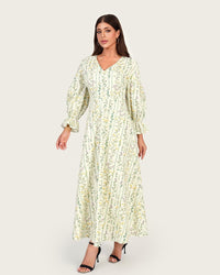 Luxury Poplin A-Line Ankle Length Dress with Floral Print & V-Neck - Noētic