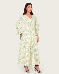 Luxury Poplin A-Line Ankle Length Dress with Floral Print & V-Neck - Noētic