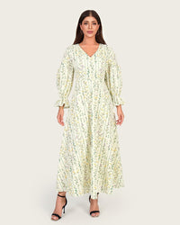 Luxury Poplin A-Line Ankle Length Dress with Floral Print & V-Neck - Noētic