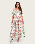 Luxury Poplin Floral Maxi Dress with Off-Shoulder Ruffle Neckline - Noētic