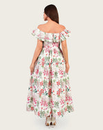 Luxury Poplin Floral Maxi Dress with Off-Shoulder Ruffle Neckline - Noētic