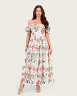 Luxury Poplin Floral Maxi Dress with Off-Shoulder Ruffle Neckline - Noētic