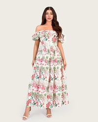 Luxury Poplin Floral Maxi Dress with Off-Shoulder Ruffle Neckline - Noētic