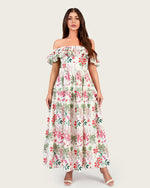 Luxury Poplin Floral Maxi Dress with Off-Shoulder Ruffle Neckline - Noētic