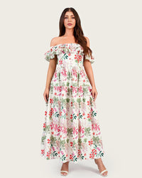 Luxury Poplin Floral Maxi Dress with Off-Shoulder Ruffle Neckline - Noētic