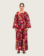 Maroon Red Floral Maxi Dress with Square Neckline - Noētic
