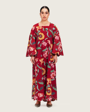 Maroon Red Floral Maxi Dress with Square Neckline - Noētic