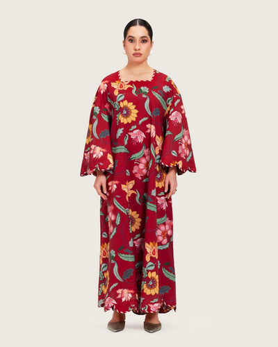 Maroon Red Floral Maxi Dress with Square Neckline - Noētic