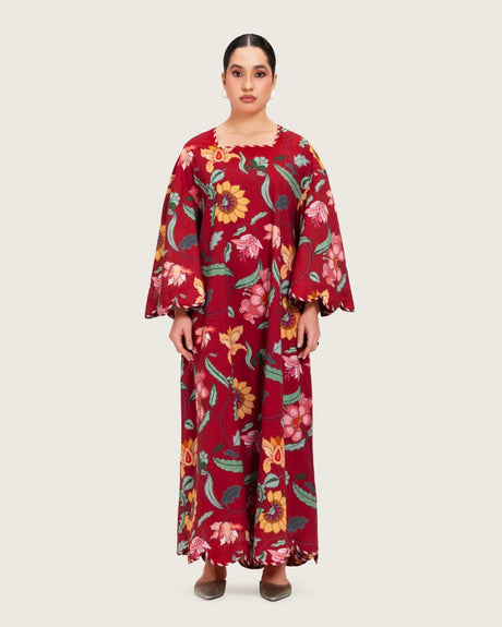 Maroon Red Floral Maxi Dress with Square Neckline - Noētic