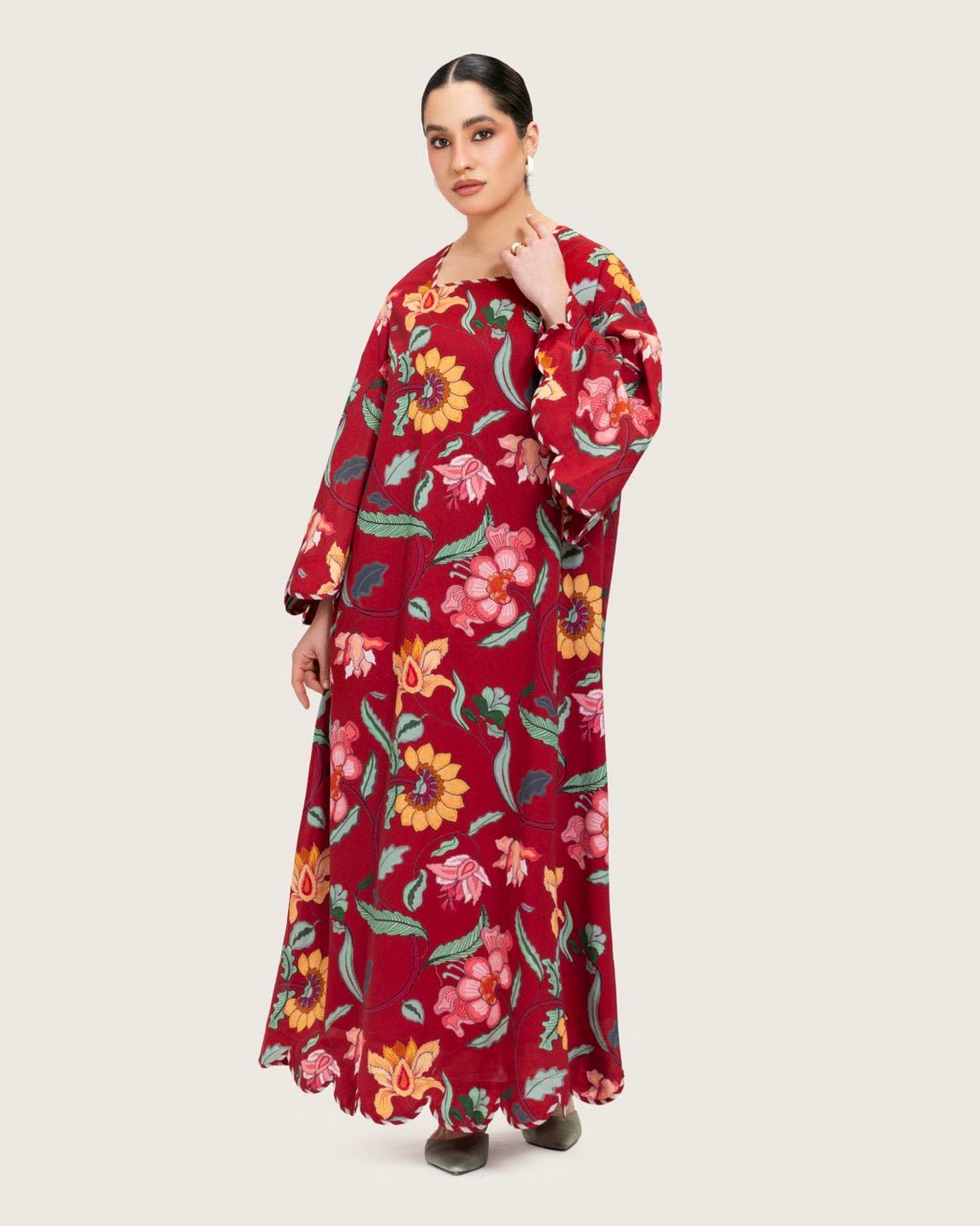 Maroon Red Floral Maxi Dress with Square Neckline - Noētic