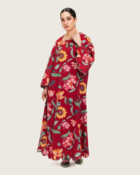 Maroon Red Floral Maxi Dress with Square Neckline - Noētic