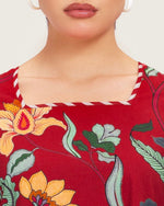Maroon Red Floral Maxi Dress with Square Neckline - Noētic