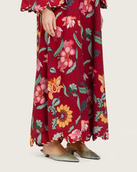 Maroon Red Floral Maxi Dress with Square Neckline - Noētic