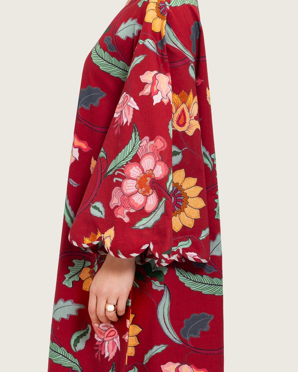 Maroon Red Floral Maxi Dress with Square Neckline - Noētic
