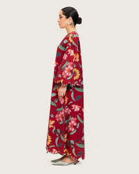 Maroon Red Floral Maxi Dress with Square Neckline - Noētic