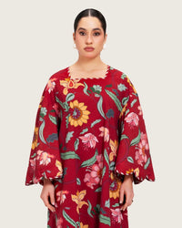 Maroon Red Floral Maxi Dress with Square Neckline - Noētic
