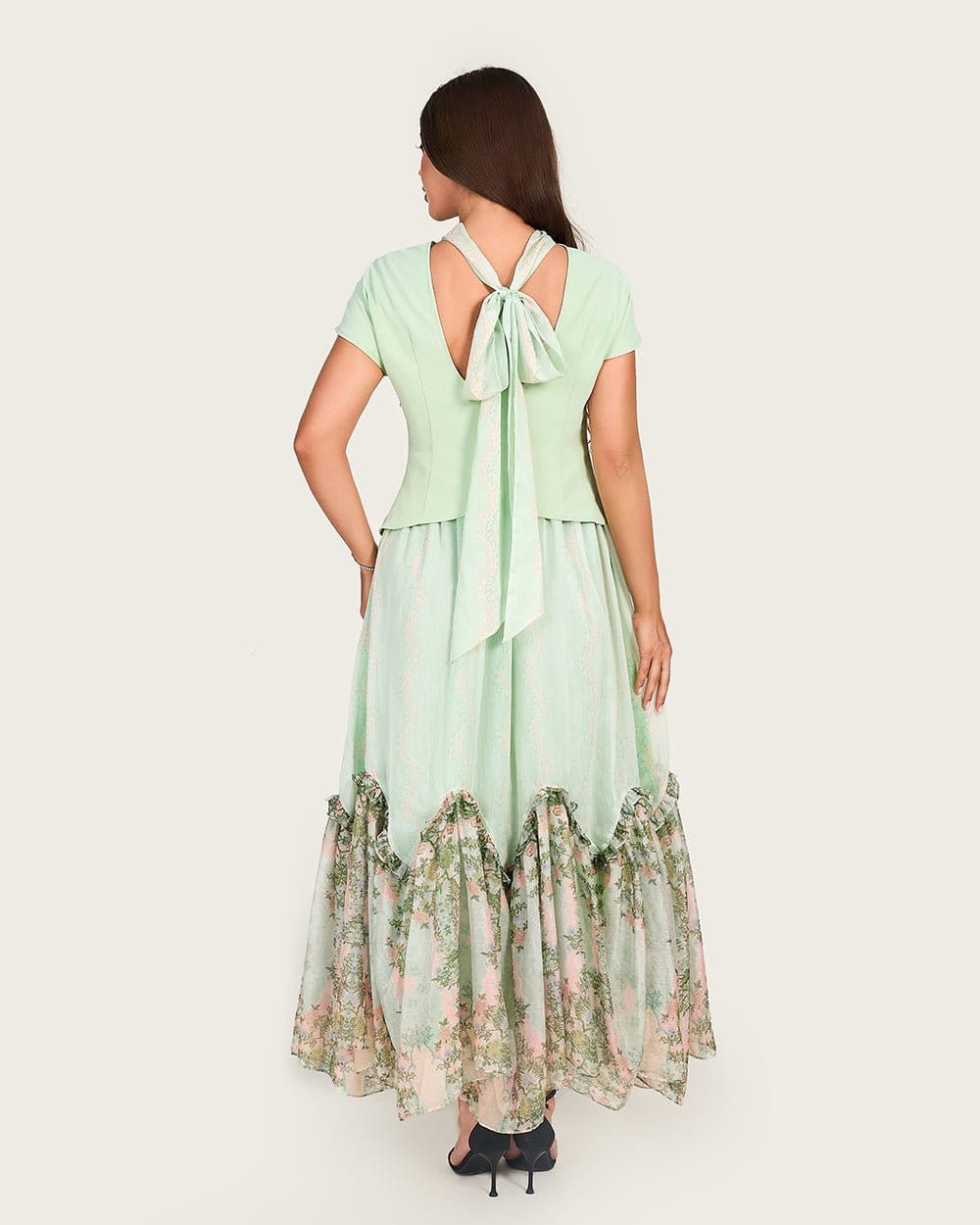 Mint Crepe & Chiffon Maxi Dress XS