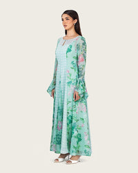 Mint Floral Chiffon Dress with Bell Sleeves - Noētic