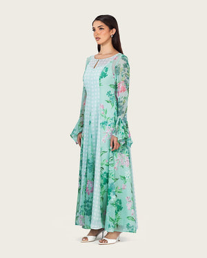 Mint Floral Chiffon Dress with Bell Sleeves - Noētic