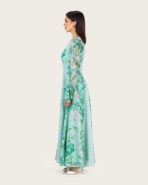 Mint Floral Chiffon Dress with Bell Sleeves - Noētic