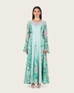 Mint Floral Chiffon Dress with Bell Sleeves - Noētic